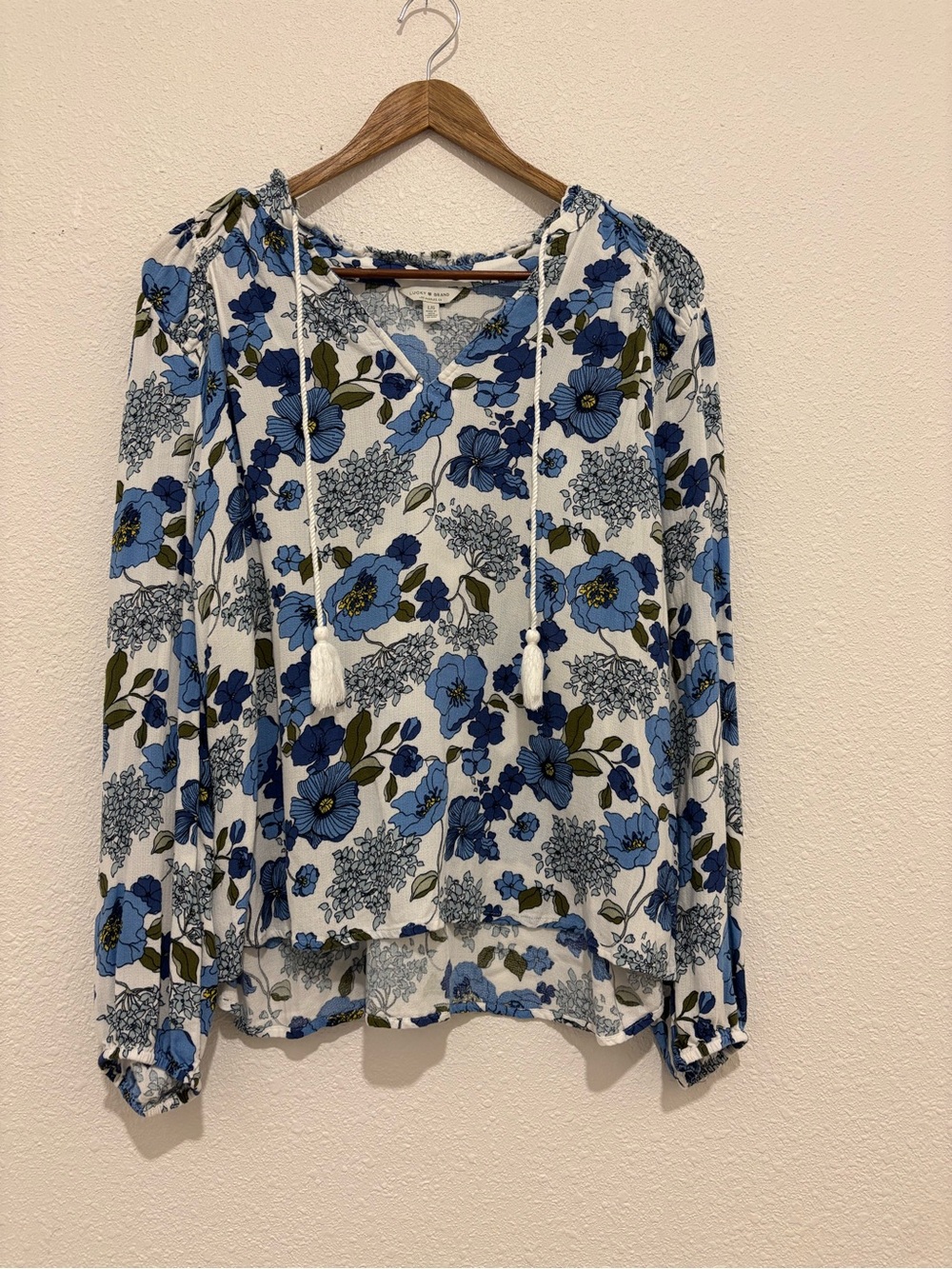 Floral Tie-Neck Peasant Blouse - Blue/White